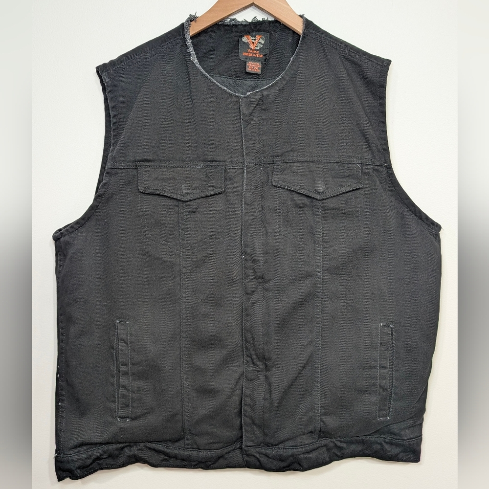 Vance Biker Wear Mens 2XL Black Denim Jean Collarless Vest Conceal Carry Pockets